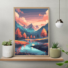Poster Autumn Nature Landscape River Mountain And Trees