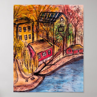 Poster Autumn Riverside Art - Cosy Automne Illustration