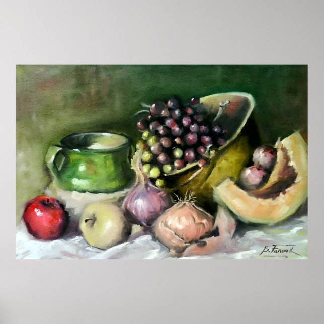 Poster Autumn Still Life with Fruits and Onions: wall Art (Devant)