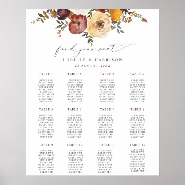 Poster Autumnal Blooms Bourgogne Mariage Plan de siège (Devant)