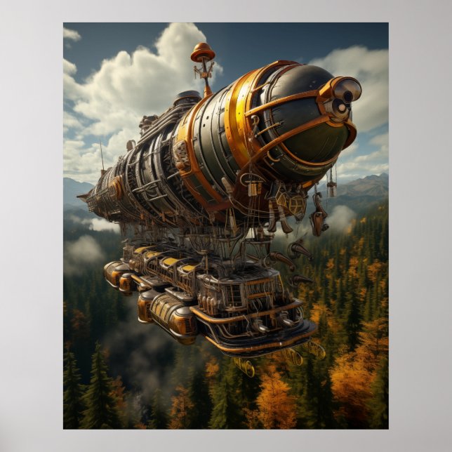 Poster Aventure automnale Steampunk Zeppelin sur la forêt (Devant)