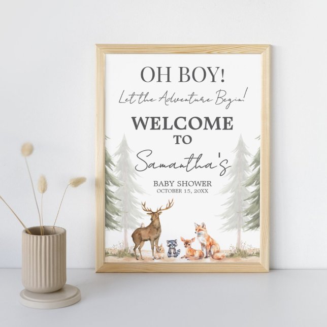 Poster Aventure Commencer l'Affiche de bienvenue Baby sho (Let the Adventure Begin Woodland Baby Shower Welcome Sign)