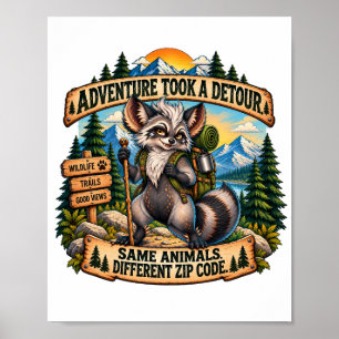 Poster Aventure en forêt avec un raton laveur en randonné