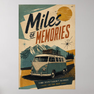 Poster Aventure en fourgonnette rétro sur les routes de m