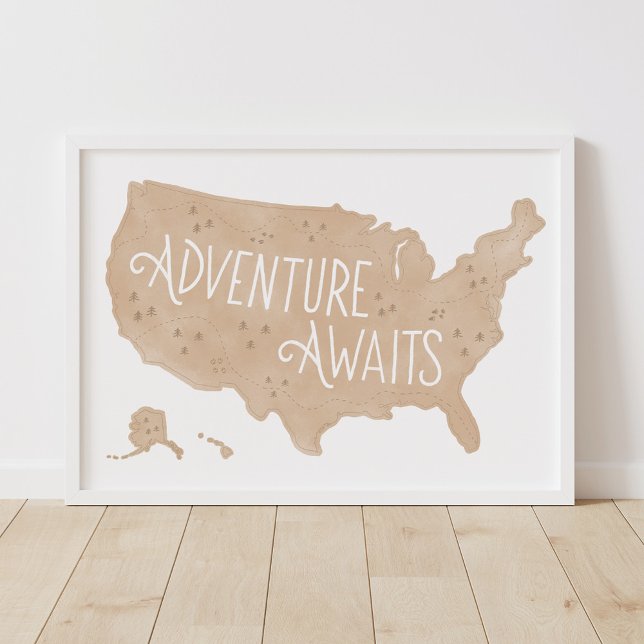 Poster Aventure Neutre Nous Attend Carte États-Unis Décor (Créateur téléchargé)