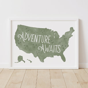 Poster Aventure verte nous attend Carte des États-Unis Dé