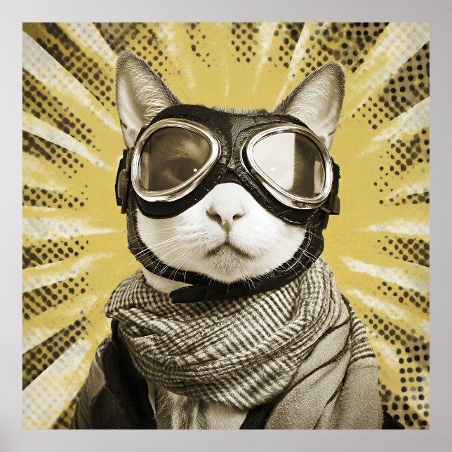 Poster Aviator Cat Goggles Sunburst Portrait (Devant)
