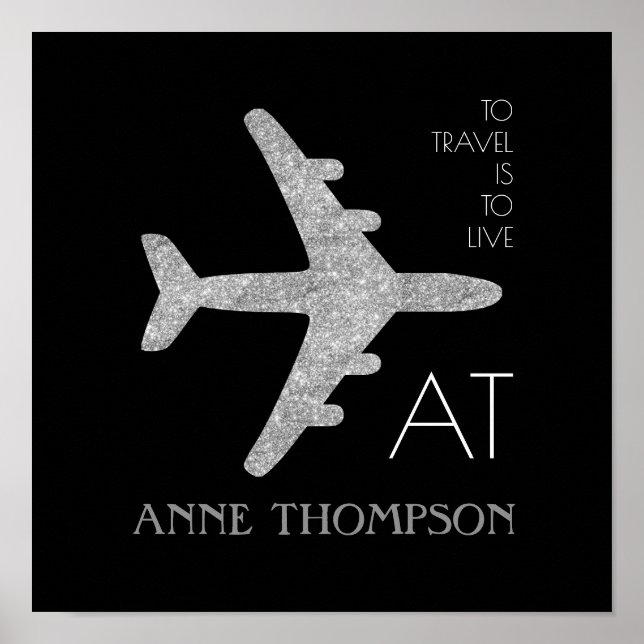 Poster avion argent personnalisé voyage noir (Devant)