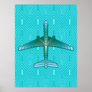 Poster Avion Art Déco, Turquoise, Turquoise et Aqua
