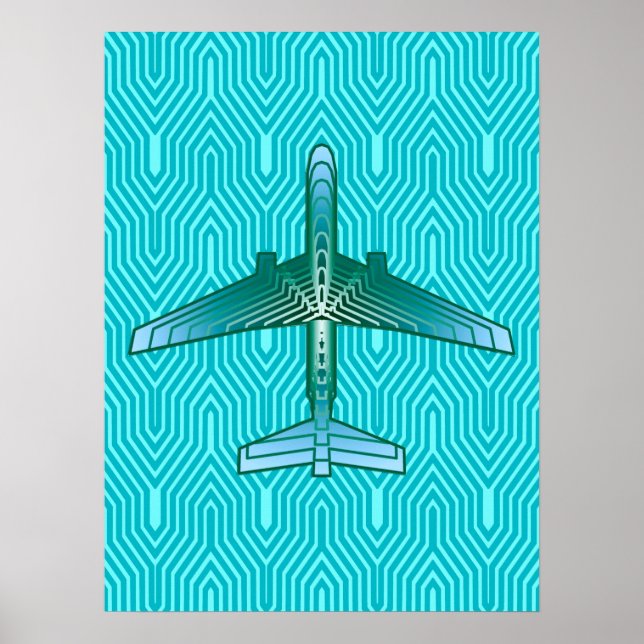 Poster Avion Art Déco, Turquoise, Turquoise et Aqua (Devant)