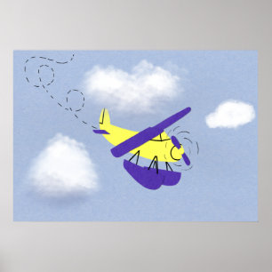 Poster Avion Jaune et Bleu Cartoon Art
