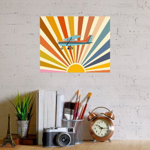 Poster Avion Vintage Cessna Rétro Coucher de Soleil Color