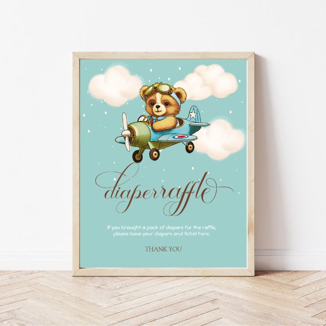 Poster Avion Whimsical Teddy bear Diaper Raffle (Whimsical Airplane Teddy bear Diaper Raffle Poster)