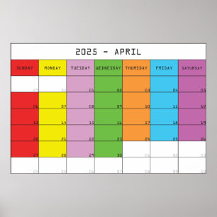 Poster Avril 2025 couleurs jours calendrier plancer