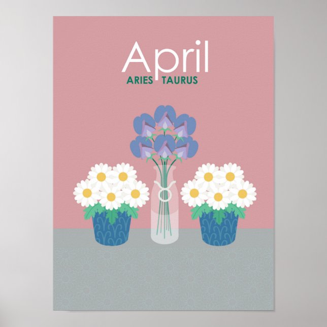 Poster Avril - Fleurs de naissance et symboles zodiaques (Devant)