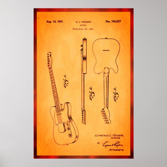 Poster Awesome Guitare Electrique Brevet Art Cool et Rétr (Devant)