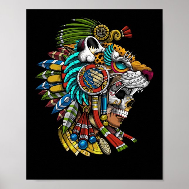 Poster Aztec Crâne Jaguar Masque guerrier antique Maya (Devant)