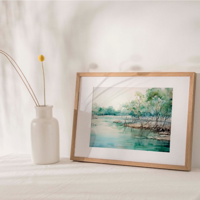 Poster Azure Mangrove Majesty : Aquarelle bleu-vert (Capturing coastal mangroves in stunning blue-green tones.)