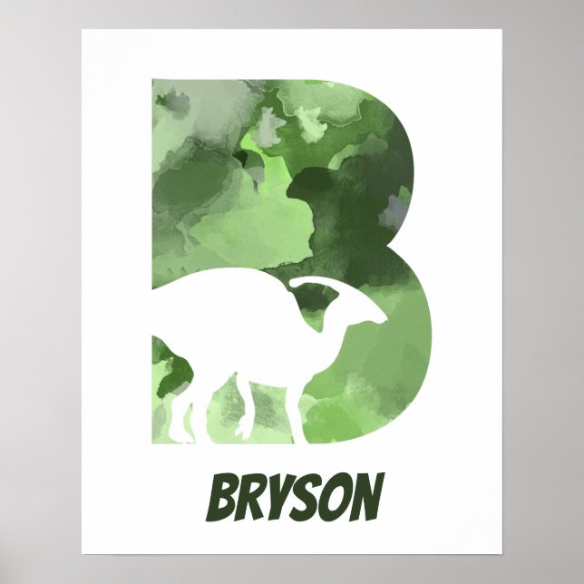 Poster "B" Aquarelle Dinosaure Vert Nom de l'enfant Poste (Devant)