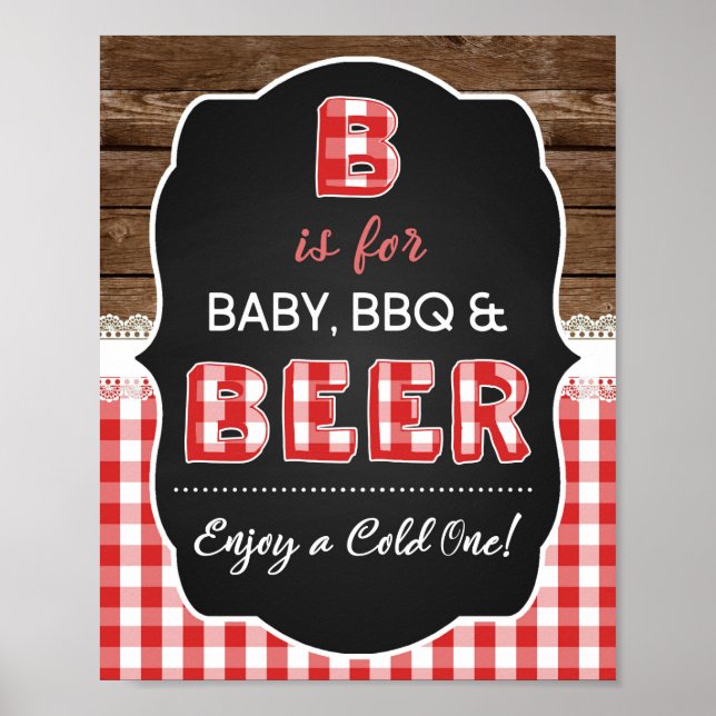 Poster B est pour bébé, barbecue et signe de bière - Red  (Devant)