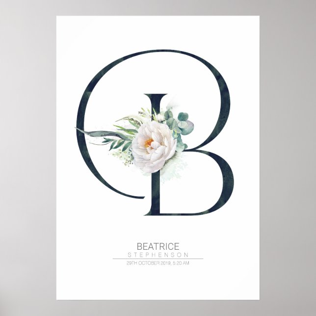 Poster B Lettre Monogramme Fleurs blanches et verdure (Devant)