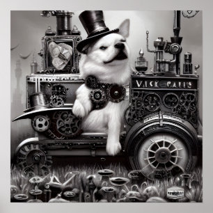 Poster B&W Steampunk Chien & Train