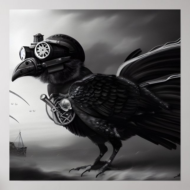 Poster B&W Steampunk Robot Bird (Devant)