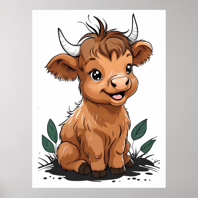 Poster Baby assis Highland Cow Nursery Art (Devant)