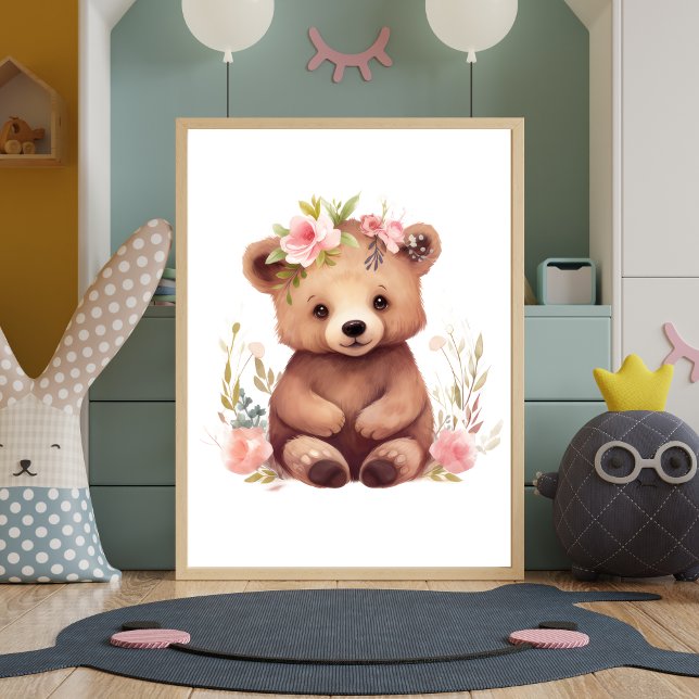 Poster Baby Bear Fleurs roses Aquarelle Pépinière Mur Art (Nursery Print Baby Bear Pink Flowers. Nursery decor. Printed or digital download)