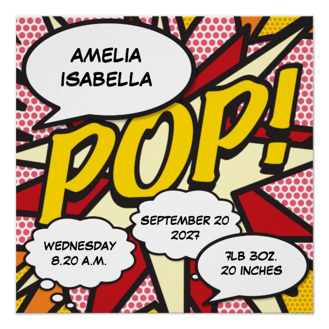 Poster Baby Birth Stats Comic Book Pop Art Keepsaké (Devant)