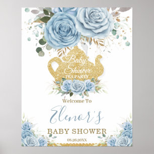 Poster Baby Blue Floral Rose Baby shower High Tea Party