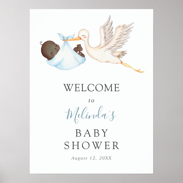 Poster Baby Boy Blue Stork Baby shower de bienvenue (Devant)