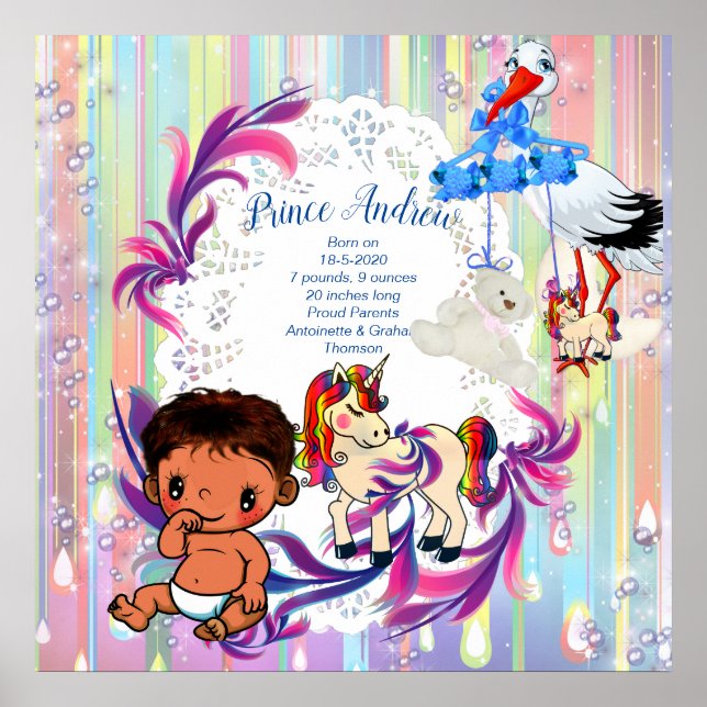 Poster Baby Boy Bubbles & Unicorns (Devant)