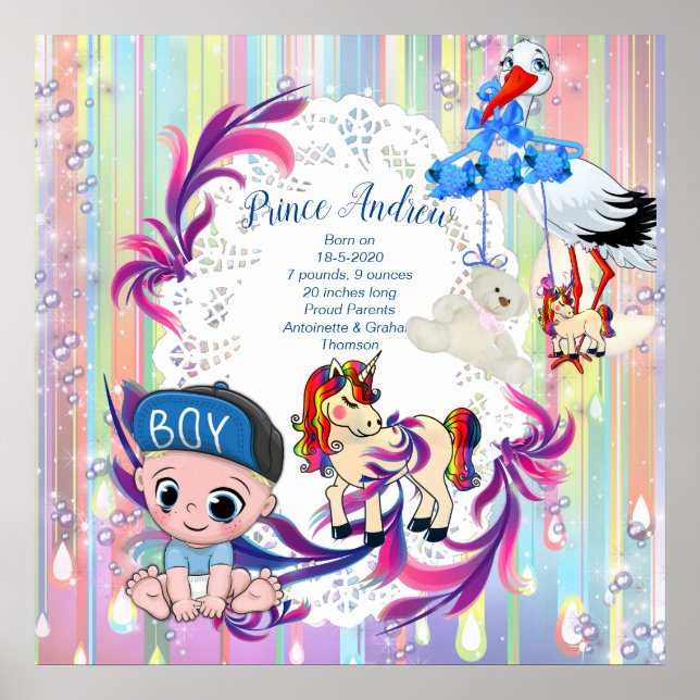 Poster Baby Boy Bubbles & Unicorns (Devant)