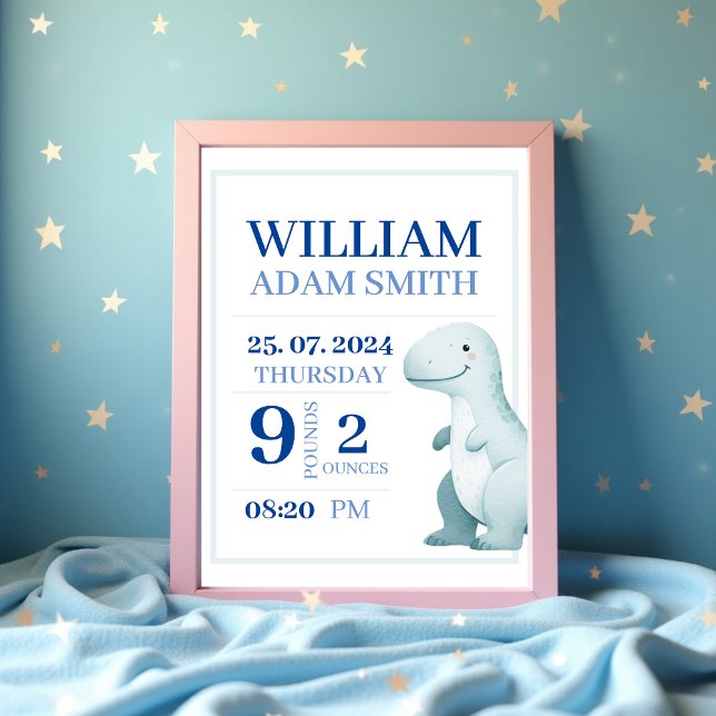 Poster Baby Boy Dinosaur Faire-part de naissance personna (Baby Boy Cute Dinosaur Personalised Birth Announcement Poster )