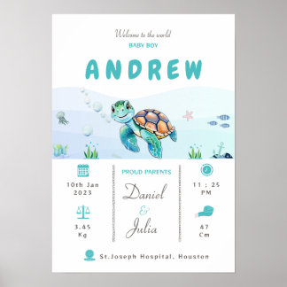 Poster Baby boy statistiques de naissance thème aquatique