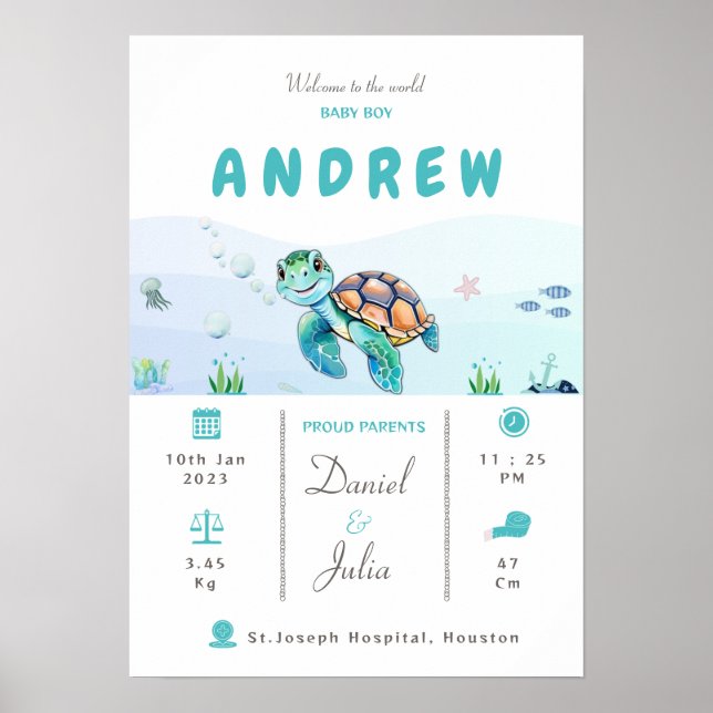 Poster Baby boy statistiques de naissance thème aquatique (Devant)