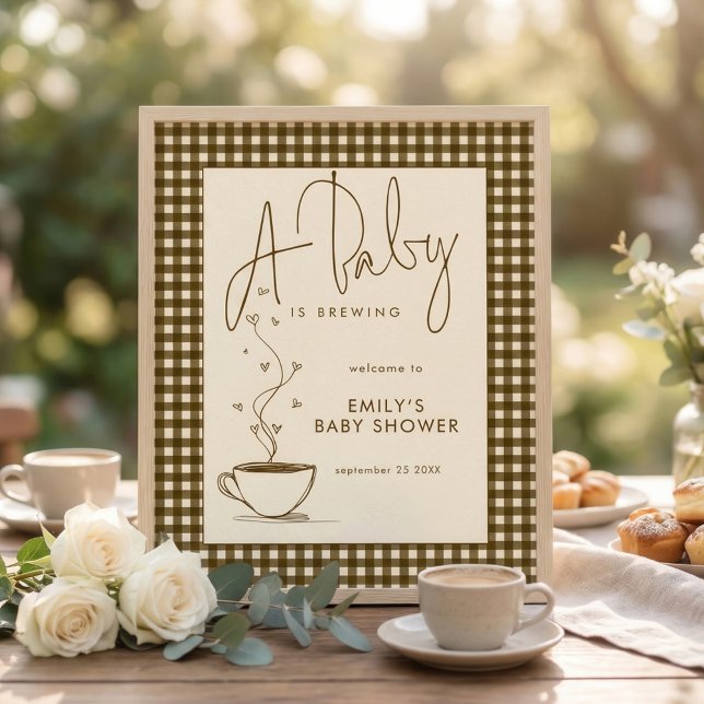 Poster Baby Brewing Coffee Gingham Welcome Baby Shower  (Créateur téléchargé)