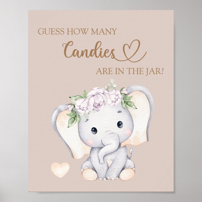 Poster Baby Elephant Baby shower Devine Combien (Devant)