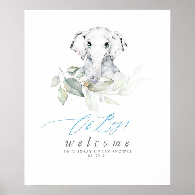 Poster Baby Elephant Baby shower Oh Boy Welcome (Devant)