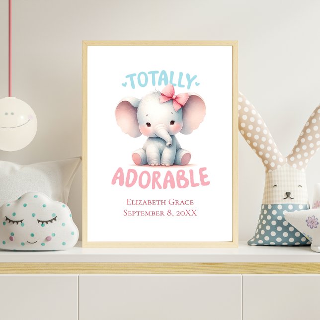 Poster Baby Elephant rose bébé fille crèche murale art (Personalized Baby Elephant Nursery Wall Art Baby Girl. Baby Shower or New Baby Gift)