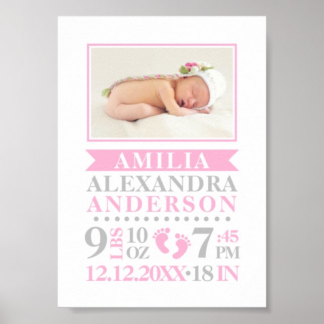 Poster Baby Girl Birth Stats Record Keepsaké Nursery (Devant)