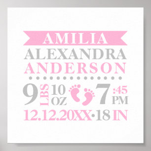 Poster Baby Girl Nursery Room Birth Stats Keepsaké