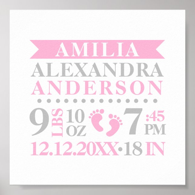 Poster Baby Girl Nursery Room Birth Stats Keepsaké (Devant)