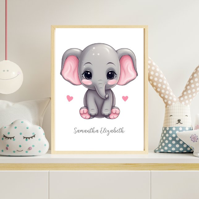 Poster Baby Girl Nursery rose Grey Elephant (Personalized Pink elephant Nursery wall Art poster.  Baby Shower gift for baby girl. Add her name)