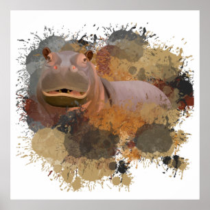Poster Baby Hippo Abstrait Paint Splatter Faune