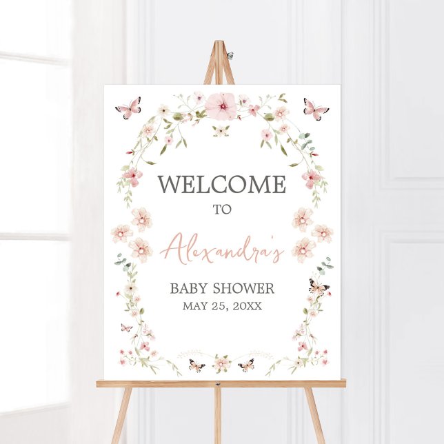 Poster Baby in Bloom Baby shower papillon Bienvenue (Spring Butterflies Baby Shower Welcome Sign)
