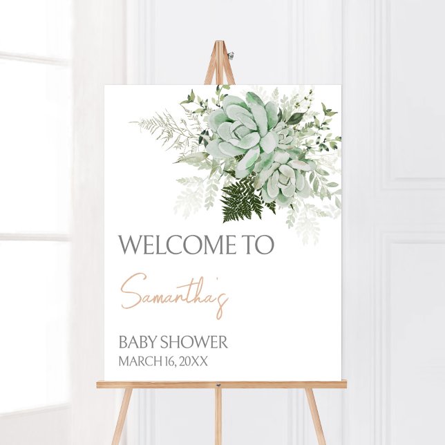 Poster Baby in Bloom Baby shower Succulent Bienvenue (Succulents Gender Neutral Baby Shower Welcome Sign)