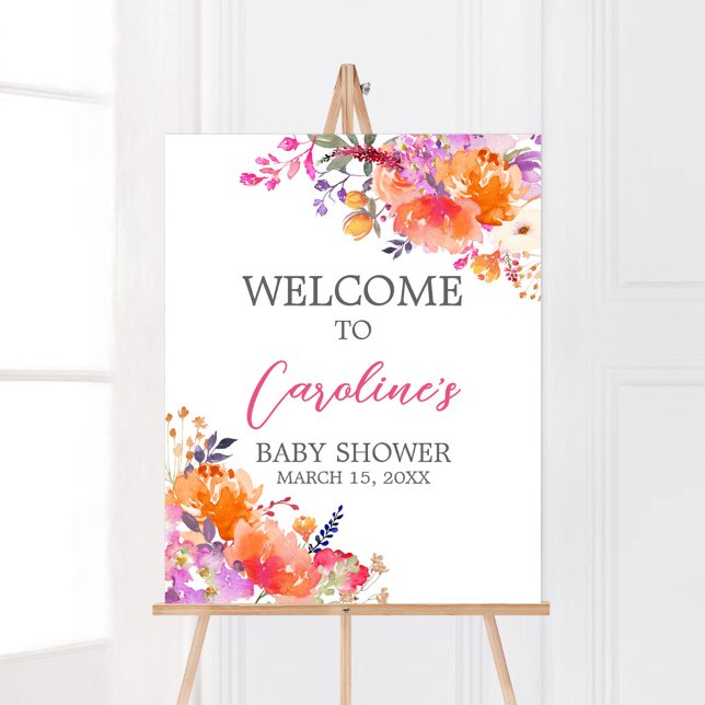 Poster Baby in Bloom Bright Floral Baby shower Welcome (Baby in Bloom Baby Shower Welcome Sign)