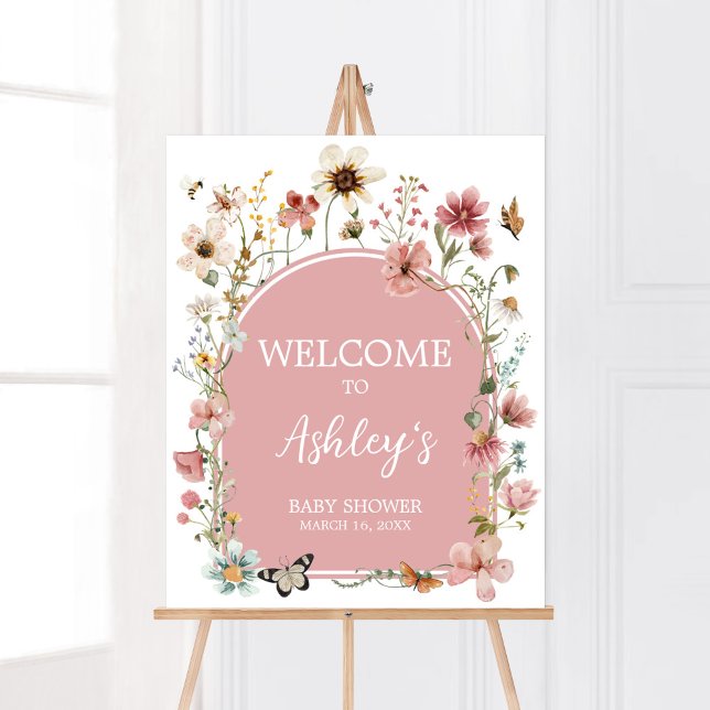 Poster Baby in Bloom Fleur sauvage Bienvenue (Muted Pink Spring Flowers Baby Shower Welcome Sign)